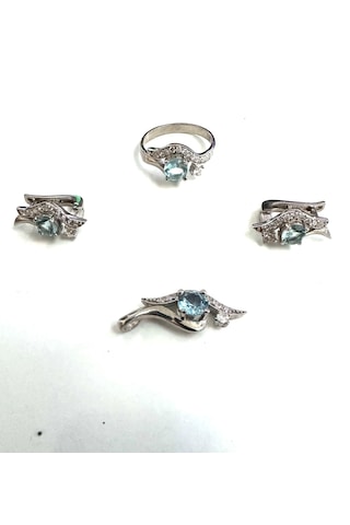 Göz Modeli Gümüş Set Takım Akuamarin Ve Zirkon Taşlı 925 Ayar