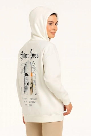Valensdesign Kapşonlu Sweatshirt Oversize Üç İplik Şardonlu Hoodie, Other Lives Ön - Arka Baskılı, Kanguru Ce Beyaz