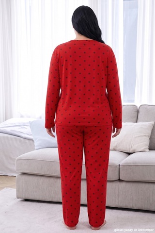 Siyah İnci Kırmızı Desenli Termal Kumaşlı Ultra Soft Yumuşak Büyük Beden Battal Boy Örme Pijama Takımı 26226727