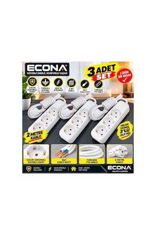 3 Adet--3,lü Topraklı Grup Priz 2 Metre Kablolu - 3 Adet Çoklu Priz Seti 3x1 Mm² Esnek Yumuşak Ttr Kablo Beyaz Uzatma Prizi Çoklu Priz 0