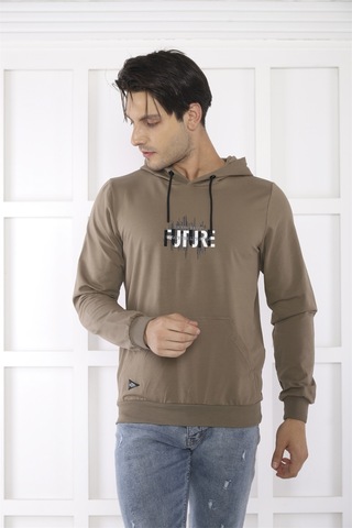 Escetic Spor Erkek Haki Cepli, Kapüşonlu Sweatshirt-4166