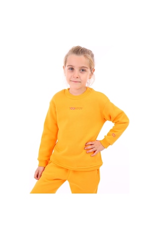 Toontoy Kız Çocuk Relax Fit Bisiklet Yaka Hafif Düşük Omuz Nakış Baskılı Sweatshirt - 3 İplik Şardonlu Turuncu
