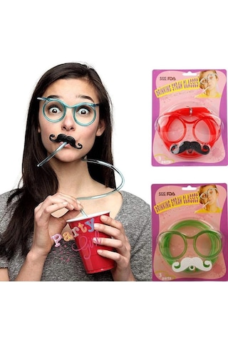 Pipetli Parti Gözlüğü - Çuk Ve Yetişkin Bıyıklı Pipet Gözlük Pembe Renk 18x14 Cm Standart