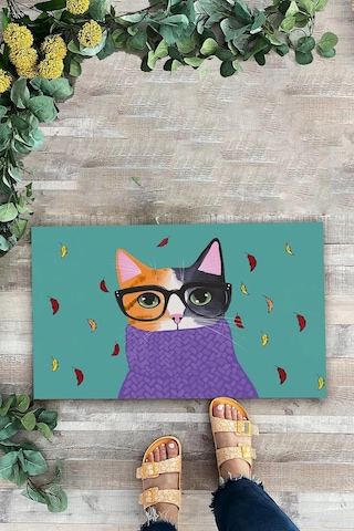 Valerine Life Aristokrat Kedi Yeşil Renkli Welcome Hoş Geldiniz Kapı Önü Paspası 45x70cm Kahverengi