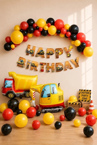 İnşaat Temalı Doğum Günü Balon Seti Kırmızı Siyah Sarı Happy Birthday Kamyon Kepçe