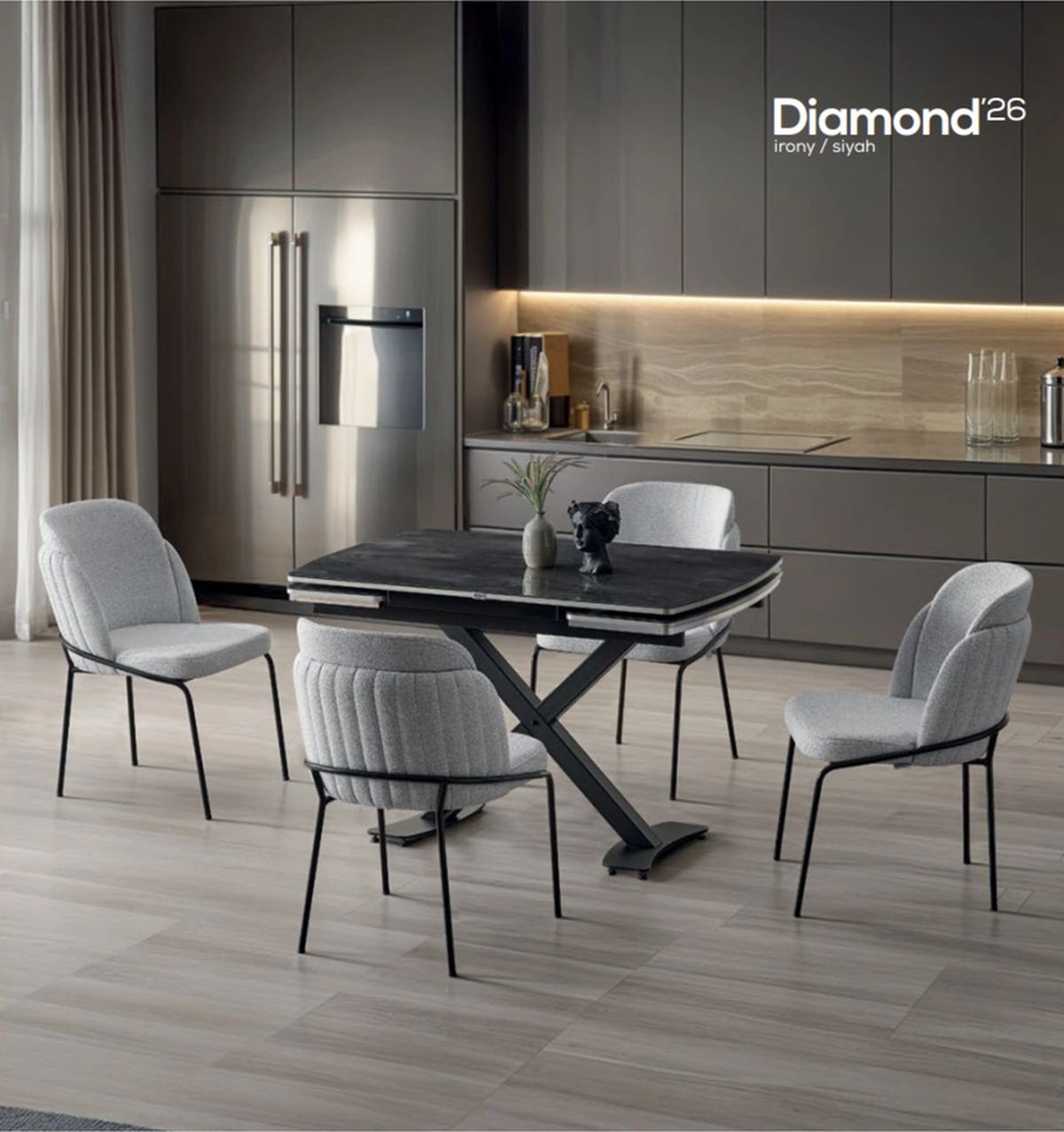 Dengema Diamond Açılır Masa Takımı Siyah Mermer - Siyah Metal Ayak, 4 Sandalyeli, 80x120/180 Cm Siyah Mermer - Siyah Ayak