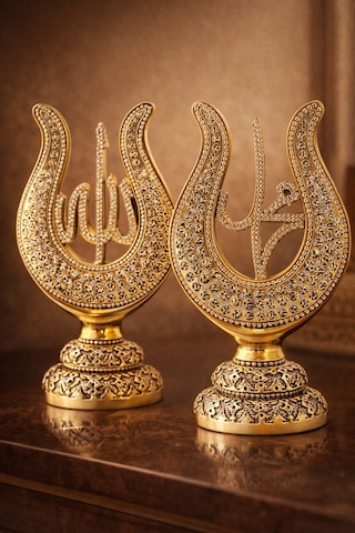 Taş İşlemeli Gold Biblo Allah & Muhammed S.a.v Lale Figürlü Taşlı Masa Üstü Biblo 2 Li Set 22 Cm Sarı