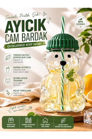 Premium Cam Barista Soğuk İçecek Bardağı Ayıcıklı Bardak Yeşil