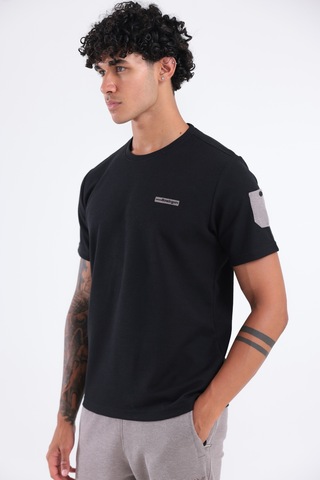 Rowinger Waffle Örgü Dokulu Göğüs Logolu Kolda Mini Cep Detaylı Bisiklet Yaka Erkek Spor T-shirt Siyah