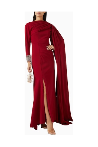 Ac By Aanchal Chanda Embellished Cape Işlemeli Pelerinli Kadın Elbise Kırmızı