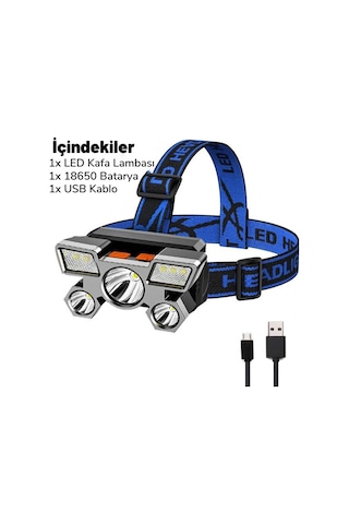 DailyLink 5LED Dahili Pil USB Şarj Edilebilir Kafa Feneri Lambası Siyah
