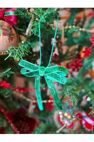 Paşateks 5li Set Simli Kırmızı Fiyonk Askılı Yılbaşı Noel Ağaç Süsü Ve Dekoratif Kurdele Yeşil Simli