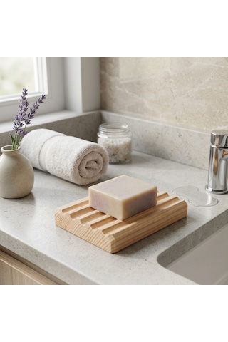 Ahşap Sabunluk 10x7 Cm Doğal Masif Ahşap, Kaymaz Tasarım, Banyo & Mutfak İçin Açık Ahşap