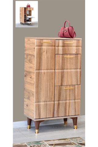 Roma Atlantik Çam Ayakkabılık Gold Detaylı 1 Kapaklı 1 Çekmeceli 2 Düşen Kapak 60x34x150 Cm