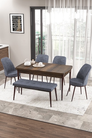 Canisa Concept Zen Serisi 80x132 Mdf Açılabilir Barok Ahşap Desen Masa Takımı 4 Füme Sandalye Ve 1 Bench Barok Masa Sandalye Ve Bench Füme