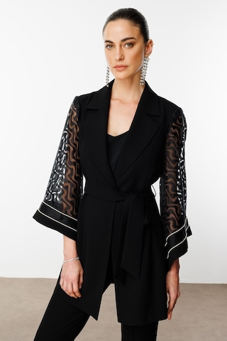 Moda İlgi Kadın Evaze Kol Şerit Taş Aksesuarlı Uzun Ceket 0027 Siyah Siyah
