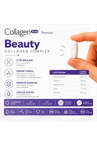 Collagen Forte Platinum Premium 3 Tip Kolajen Hyalüronik Asit 90 Tablet