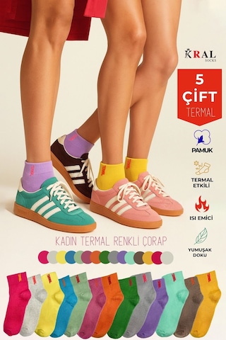 Kadın Çorap 5 Çift Renkli Termal Havlu Kışlık Çorap Isı Emici ASORTİ