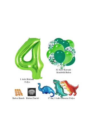 4 Yaş Dinazor Set Rakam Folyo, 3 Adet Mini Dinazor Ve 10 Lu Balon