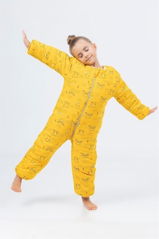 Kız Erkek Çocuk Kalın Elyaf Dolgulu Premium Kalite 2.5 Tog Desenli Uyku Tulumu Ekru - Sarı