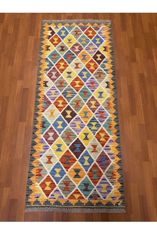 El Dokuma Afgan Kilim 100% Yün Harıka Desenlı Yolluk Çok Renkli