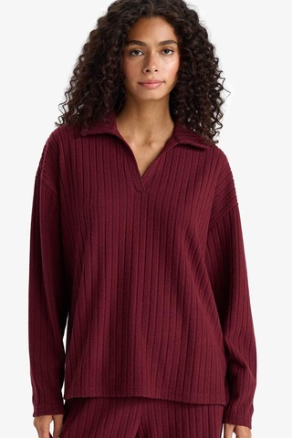 Defacto Relax Fit Polo Yaka Fitilli Kaşkorse Uzun Kollu Tişört F1007ax25aubr115 Bordo
