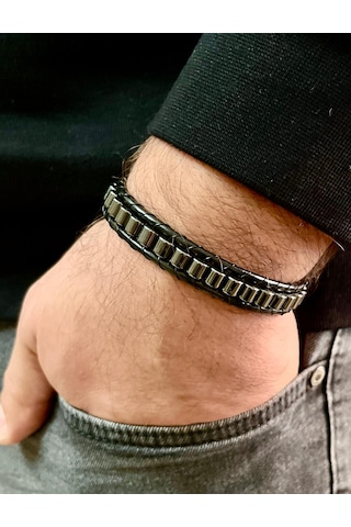 %100 Deri&hematit Kombinli Erkek Bileklik Boyut Net 21cm Füme