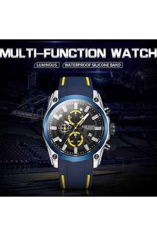 Yunboo Megır 2144 Erkek Spor Saati - Kronometre, Takvim, Aydınlatma Özellikli - 3atm Su Geçirmez - Silikon Kordon - Siyah Ekran, Mavi Bant Kutu İle Lacivert
