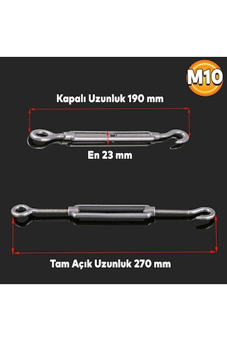 Çelik Kanca M10 Yük Halat Gerdirme Galvenizli Paslanmaz 5 Adet Çok Renkli