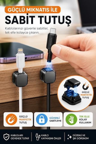 Manyetik Kablo Düzenleyici Kablo Tutucu 6'lı Set Yapışkanlı Kablo Sabitleyici Masa Kablo Düzeni