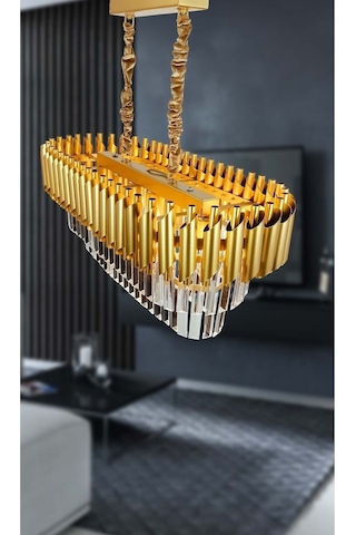 Roza Varaklı Gold 75x35 Cm Lik Kristal Taşlı Lüks Avize - Yatak Odası - Salon - Mutfak - Hol Altın