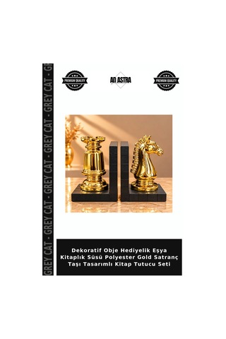 Dekoratif Obje Hediyelik Eşya Kitaplık Süsü Polyester Gold Satranç Taşı Tasarımlı Kitap Tutucu Seti
