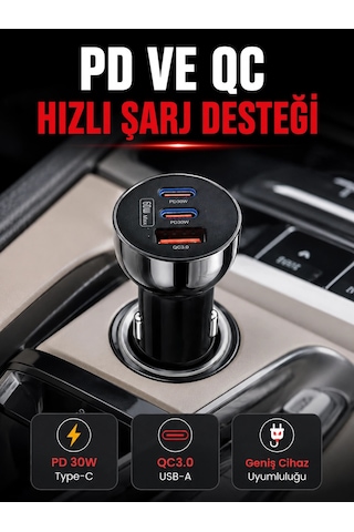 3 Portlu Araç İçi Şarj Adaptörü Çift Pd Type-c Ve Qc3.0 Usb Çıkışlı Belirtilmemiş
