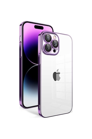 Apple Uyumlu iPhone 14 Pro Max ile Kapak Lens Korumalı Arkası Şeffaf Sert Mika Kılıf - Mor