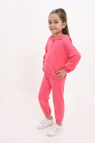 Toontoy Kids Kız Çocuk 2'li Takım Kapüşonlu Fermuarlı Sweatshirt & Beli Paçası Lastikli Jogger Eşofman Altı - 2 İplik Fuşya