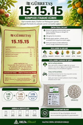Gübretaş 15.15.15 Kompoze Taban Gübresi %15 Azot %15 Fosfor %15 Potasyum Meyve Ağacı, Zeytin, Sebze Ve Tarla Bitkileri Için 1 KG