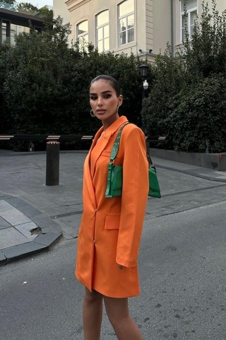 WeShaya Kadın Oranj Kruvaze Dokuma Kısa Elbise Oranj
