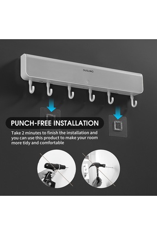 Mufunye "mnmhgg-421 Ousuwo Duvar Askılı 6 Kancalı Pratik Depolama Ünitesi - Gri" Gri