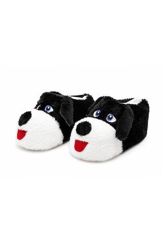 Modafocus Sevimli Köpek Figürlü Sessiz Kaydırmaz Taban Peluş Unisex Ev Pandufu Sevgili Kombin Terliği Siyah