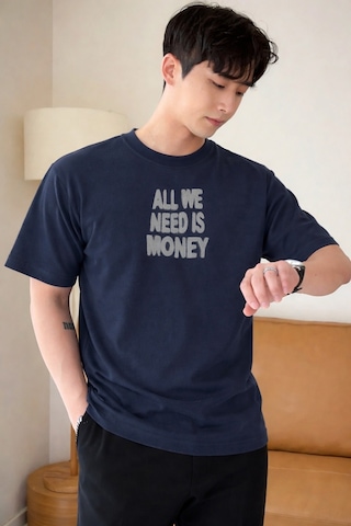 Tarz Cool Erkek Oversize Tişört Baskılı All We Need Is Money Yazılı Basic Streetwear T-shirt Lacivert