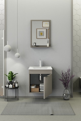 Biani Fix Arya 55 Cm Banyo Dolabı,Seramik Lavabolu, Aynalı,Lavabo Dahil,Mdf,Latte