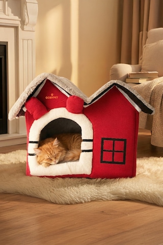 Kedi Ve Küçük Irk Köpekler İçin Minderli Lüx Peluş Ev