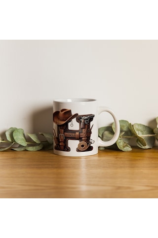 H Harfi Kovboy Temalı Bardak 330 Ml İsim / Harf Kişiye Özel Hediye - Vahşi Batı Konsept Beyaz