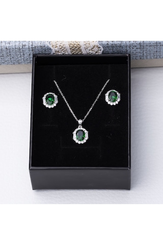 5-8 Mm Yeşil Oval Zirkon Taşlı 925 Ayar Gümüş Kadın 2'li Set Gümüş