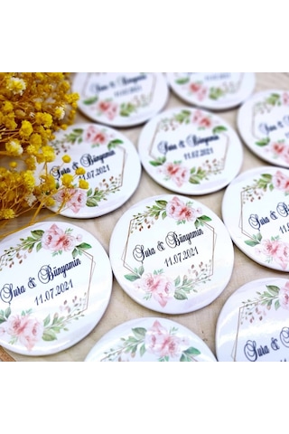 Açacak Magnet Nikah Şekeri Pembe Çiçek Uv Baskılı 30 Adet