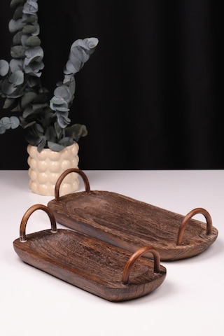 Bambum 2 Parça Pavlonya Darkwood Ahşap Sunum Seti Kulplu Dikdörtgen Servis Tabakları Ahşap