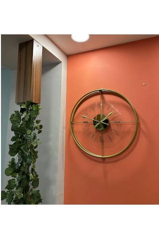 MetaQuartz Aksesuar (Büyük Boy-55*55cm) Gold Çiftçember Seri -modern Dekoratif Camlı Metal Saat Altın