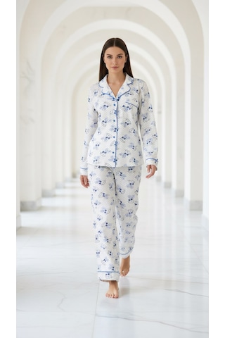 Divinus Tavşan Desenli Gömlek Yakalı Beyaz/mavi Kadın Pijama Takımı Beyaz - Mavi