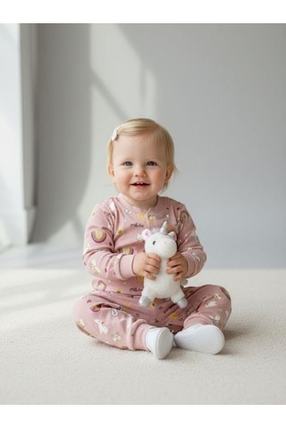Zekids Kız Bebek Pamuklu Önü Çıtçıtlı Desenli Pijama Takımı-16270 Çok Renkli