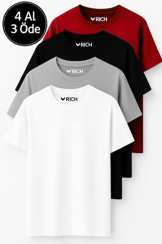 Rich Erkek 4'lü Paket Kırmızı-siyah-beyaz-antrasit %100 Pamuk Oversize Tişört Basic Kısa Kollu T-shirt Çok Renkli